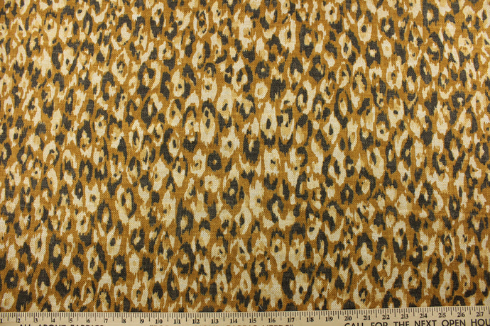  Its honey gold and flint leopard print adds a touch of elegance to the natural linen background. With 30,000 double rubs, this fabric provides both comfort and durability. <span style=