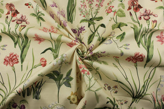 a beautiful floral print with butterflies in shades of purple, mauve, green, yellow, red, and pink against a macadamia background. Made with soil and stain repellant technology, this fabric is as functional as it is stylish. Perfect for window accents (draperies, valances, curtains and swags) cornice boards, accent pillows, bedding, headboards, cushions, ottomans, slipcovers and upholstery. <span data-mce-fragment="1">&nbsp;</span>