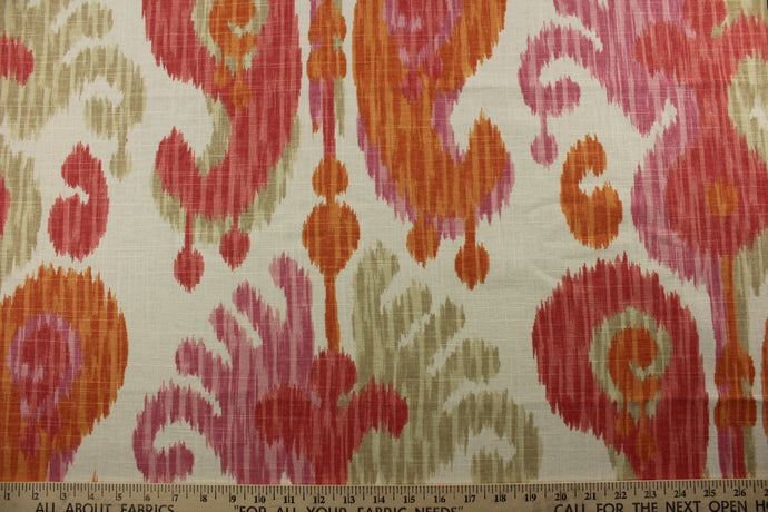  Experience the versatility of P Kaufmann© Salma in Sunshine. This vibrant linen blend features an ikat design in orange, tan, pink, and off-white. Its soil and stain repellent properties provide long-lasting durability, with 15,000 double rubs. The versatile fabric is perfect for window accents (draperies, valances, curtains and swags) cornice boards, accent pillows, bedding, headboards, cushions, ottomans, slipcovers and upholstery. <span data-mce-fragment=