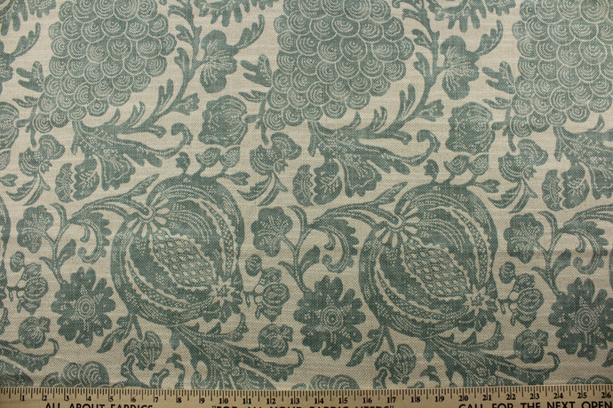 P Kaufmann's Bountiful fabric in Aqua. The cotton blend basketweave boasts lush flowers, fruits, and vines while providing soil and stain repellency. With 27,000 double rubs, this multipurpose fabric exudes quality and durability. The versatile fabric is perfect for window accents (draperies, valances, curtains and swags) cornice boards, accent pillows, bedding, headboards, cushions, ottomans, slipcovers and upholstery. <span data-mce-fragment=