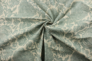 P Kaufmann's Bountiful fabric in Aqua. The cotton blend basketweave boasts lush flowers, fruits, and vines while providing soil and stain repellency. With 27,000 double rubs, this multipurpose fabric exudes quality and durability. The versatile fabric is perfect for window accents (draperies, valances, curtains and swags) cornice boards, accent pillows, bedding, headboards, cushions, ottomans, slipcovers and upholstery. <span data-mce-fragment="1">&nbsp;</span>