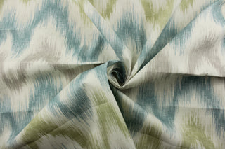  Introducing the P Kaufmann© Leelo in Geyser - a multipurpose fabric with a stunning blue, green, light brown and off white printed ikat design. The versatile fabric is perfect for window accents (draperies, valances, curtains and swags) cornice boards, accent pillows, bedding, headboards, cushions, ottomans, slipcovers and upholstery. <span data-mce-fragment="1">&nbsp;</span>