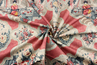  Asian theme toile print in vibrant shades of red, cream, pink, gold, blue, and brown. With an impressive 17,000 double rubs, it offers both durability and style. Additionally, it has a soil and stain-repellant finish, providing effortless maintenance for long-lasting beauty. Perfect for window accents (draperies, valances, curtains and swags) cornice boards, accent pillows, bedding, headboards, cushions, ottomans, and light upholstery.