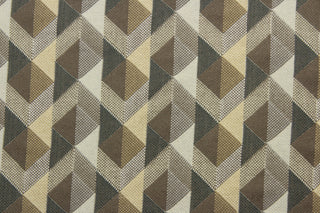 multipurpose tapestry fabric boasts a woven geometric design in earthy tones of brown and gray. Crafted for durability with 51,000 double rubs, this fabric is perfect for a variety of projects.
