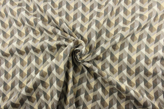 multipurpose tapestry fabric boasts a woven geometric design in earthy tones of brown and gray. Crafted for durability with 51,000 double rubs, this fabric is perfect for a variety of projects.