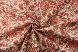 P Kaufmann© Manado in Grenadine is a multipurpose fabric made of a high-quality cotton blend. The printed floral vine pattern adds an elegant touch to any project, while the vibrant red color pops against the natural background. The versatile fabric is perfect for window accents (draperies, valances, curtains and swags) cornice boards, accent pillows, bedding, headboards, cushions, ottomans, slipcovers and upholstery. <span data-mce-fragment="1">&nbsp;</span>