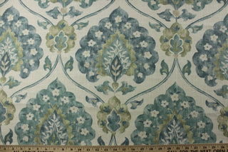  a stunning blue and green floral medallion print on a white background. Plus, with soil and stain repellant properties, this fabric is both beautiful and practical. Perfect for window accents (draperies, valances, curtains and swags) cornice boards, accent pillows, bedding, headboards, cushions, ottomans, slipcovers and upholstery. <span data-mce-fragment="1">&nbsp;</span>