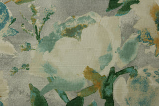 watercolor floral pattern with a tranquil blend of colors such as sky blue, teal, and greens, accented with pops of yellows, taupe, and beige on a light grey background. Perfect for adding a touch of natural beauty to any room. Perfect for window accents (draperies, valances, curtains and swags) cornice boards, accent pillows, bedding, headboards, cushions, ottomans, slipcovers and light duty upholstery. <span data-mce-fragment="1">&nbsp;</span>