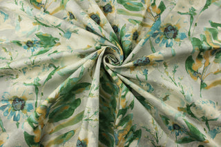 watercolor floral pattern with a tranquil blend of colors such as sky blue, teal, and greens, accented with pops of yellows, taupe, and beige on a light grey background. Perfect for adding a touch of natural beauty to any room. Perfect for window accents (draperies, valances, curtains and swags) cornice boards, accent pillows, bedding, headboards, cushions, ottomans, slipcovers and light duty upholstery. <span data-mce-fragment="1">&nbsp;</span>