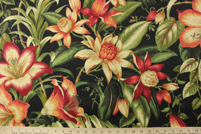 Elevate your outdoor space with the Tommy Bahama© Botanical Glow in Ebony. This floral outdoor print brings a touch of nature to your porches and patios. Featuring shades of green, red, coral, and cream against a black background, it adds a bold and vibrant look. Plus, it is water and stain resistant, making it perfect for <span data-mce-fragment=
