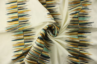 multipurpose design allows for endless possibilities, while the modern linear embroidery adds a touch of sophistication. The gold, light teal, black, gray, and taupe accents stand out against the cream background. With 51,000 double rubs, this fabric is durable and practical. It is perfect for window treatments (draperies, valances, curtains, and swags), bed skirts, duvet covers, light upholstery, pillow shams and accent pillows.&nbsp;&nbsp;
