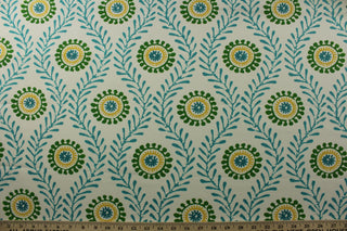Featuring a bright suzani floral print in shades of turquoise, yellow, green, and white, this fabric is sure to add a lively pop of color to any space.&nbsp; Made with 51,000 double rubs, it is durable and long-lasting.&nbsp; The versatile fabric is perfect for window accents (draperies, valances, curtains and swags) cornice boards, accent pillows, bedding, headboards, cushions, ottomans, slipcovers and upholstery. <span data-mce-fragment="1">&nbsp;</span>