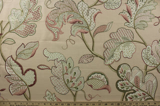 Expertly designed, the P Kaufmann© Luana in Pink Pearl fabric features a beautiful vine leaf print in shades of green, mauve, and white against a delicate pink pearl background.&nbsp;The versatile fabric is perfect for window accents (draperies, valances, curtains and swags) cornice boards, accent pillows, bedding, headboards, cushions, ottomans, slipcovers and upholstery. <span data-mce-fragment="1">&nbsp;</span>