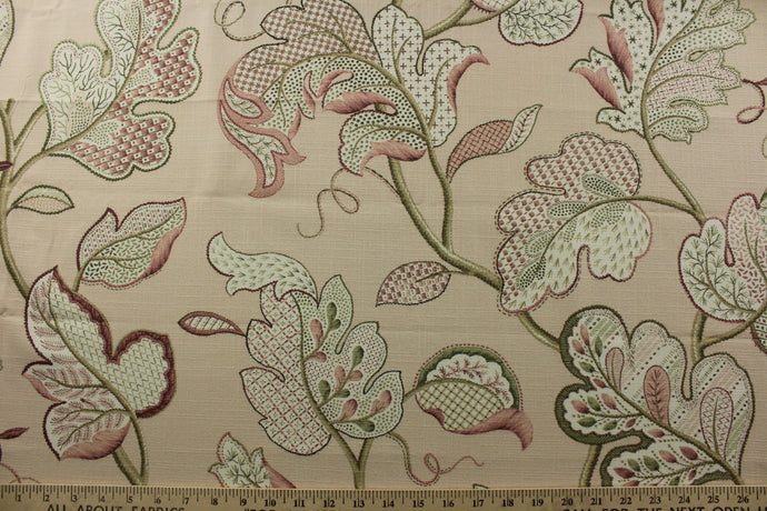 Expertly designed, the P Kaufmann© Luana in Pink Pearl fabric features a beautiful vine leaf print in shades of green, mauve, and white against a delicate pink pearl background. The versatile fabric is perfect for window accents (draperies, valances, curtains and swags) cornice boards, accent pillows, bedding, headboards, cushions, ottomans, slipcovers and upholstery. <span data-mce-fragment=