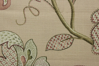 Expertly designed, the P Kaufmann© Luana in Pink Pearl fabric features a beautiful vine leaf print in shades of green, mauve, and white against a delicate pink pearl background.&nbsp;The versatile fabric is perfect for window accents (draperies, valances, curtains and swags) cornice boards, accent pillows, bedding, headboards, cushions, ottomans, slipcovers and upholstery. <span data-mce-fragment="1">&nbsp;</span>