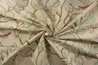 Expertly designed, the P Kaufmann© Luana in Pink Pearl fabric features a beautiful vine leaf print in shades of green, mauve, and white against a delicate pink pearl background.&nbsp;The versatile fabric is perfect for window accents (draperies, valances, curtains and swags) cornice boards, accent pillows, bedding, headboards, cushions, ottomans, slipcovers and upholstery. <span data-mce-fragment="1">&nbsp;</span>