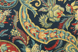 paisley print on a basketweave cotton fabric. The rich jewel tones of gold, red, cream, medium blue, and crimson stand out against the navy background. With a durability of 24,000 double rubs, this fabric is both stylish and functional. Perfect&nbsp;for window accents (draperies, valances, curtains and swags) cornice boards, accent pillows, bedding, headboards, cushions, ottomans, slipcovers and upholstery. <span data-mce-fragment="1">&nbsp;</span>