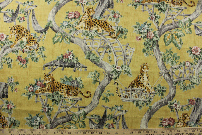scenic jungle chinoiserie print with cheetahs, floral branches, and a variety of colors including green, gray, mauve, tan, black, and white, all set against a distressed gold background. This fabric has a soil and stain repellant finish, and a durability rating of 15,000 double rubs. Perfect for window accents (draperies, valances, curtains and swags) cornice boards, accent pillows, bedding, headboards, cushions, ottomans, slipcovers and upholstery. <span data-mce-fragment=
