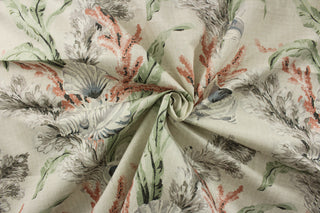 multicolor aquatic print features shells, coral, and various plant life against a tranquil sand and white background. The addition of green, blue, purple, coral, brown, and charcoal will bring a soothing and bold statement to any room.<span data-mce-fragment="1">&nbsp;The versatile fabric is perfect for window accents (draperies, valances, curtains and swags) cornice boards, accent pillows, bedding, headboards, cushions, ottomans, slipcovers and upholstery.</span>