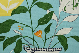 This multipurpose printed cotton fabric by P Kaufmann features large scale flowers in vases, bees, and a beautiful blend of navy blue, fern green, yellow, white, and orange on a baby blue background. With 51,000 double rubs, this basketweave fabric is durable and versatile for any project.&nbsp;Perfect for window accents (draperies, valances, curtains and swags) cornice boards, accent pillows, bedding, headboards, cushions, ottomans, slipcovers and upholstery. <span data-mce-fragment="1">&nbsp;</span>