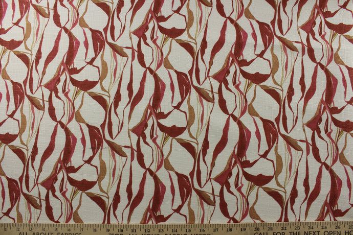 Transform your space with P Kaufmann© Metamorphic Geode in Sienna. Featuring a crisp white background and vibrant botanical print in golden brown, sienna and dark pink, this fabric is both durable and visually stunning with a double rubs rating of 48,000. Perfect for window accents (draperies, valances, curtains and swags) cornice boards, accent pillows, bedding, headboards, cushions, ottomans, slipcovers and upholstery. <span data-mce-fragment=