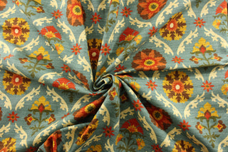 The Waverly© Mayan Medallion in Adobe is a multipurpose fabric featuring stunning medallions in shades of orange, red, gold, and dark green on a rich teal background. With a high durability of 51,000 double rubs, this fabric is perfect for any home décor project. Perfect for window accents (draperies, valances, curtains and swags) cornice boards, accent pillows, bedding, headboards, cushions, ottomans, slipcovers and upholstery. <span data-mce-fragment="1">&nbsp;</span>