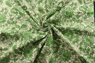  P Kaufmann© Manado in Apple is a multipurpose fabric made of a high-quality cotton blend. The printed floral vine pattern adds an elegant touch to any project, while the vibrant apple green color pops against the natural background.&nbsp;The versatile fabric is perfect for window accents (draperies, valances, curtains and swags) cornice boards, accent pillows, bedding, headboards, cushions, ottomans, slipcovers and upholstery. <span data-mce-fragment="1">&nbsp;</span>