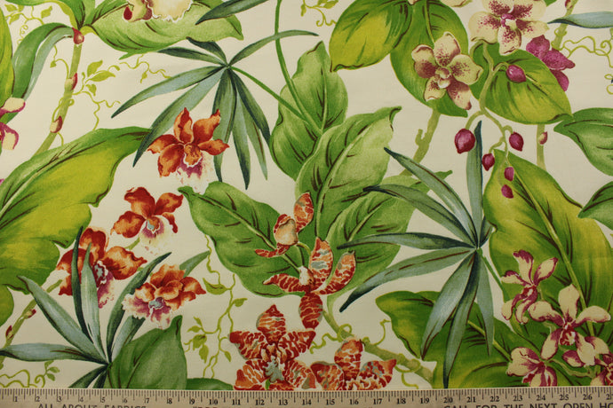 Featuring a vibrant Hawaiian tropical print with leaves and orchids in red, orange, green, off white, and purple on a creme background. With a durability of 36,000 double rubs, this fabric is great for <span data-mce-fragment=