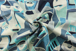 This P Kaufmann© About Face in Twilight, boasts a versatile design with geometric abstract faces in black, slate gray, turquoise, navy blue, gray, teal, and white. Perfect for any project, it adds a modern touch to any space. Great for window accents (draperies, valances, curtains and swags) cornice boards, accent pillows, bedding, headboards, cushions, ottomans, slipcovers and upholstery. <span data-mce-fragment="1">&nbsp;</span>