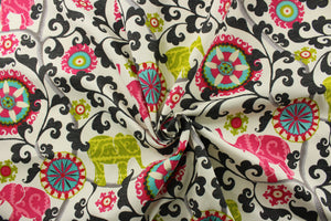 This printed outdoor fabric boasts a stunning display of elephants and medallions in lime, dark hot pink, red, gray, and black on an off-white background. With 15,000 double rubs and a 500 UV rating, this fabric is as durable as it is eye-catching. Great for<span data-mce-fragment="1">&nbsp;cushions, tablecloths, upholstery projects, decorative pillows and craft projects.&nbsp; Recommended to store away when not in use.</span>