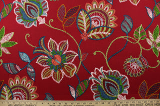 This Richloom© Solarium© Maysun fabric in Cherry features a bold, large floral vine design in shades of green, blue, white, coral, yellow and red. With 15,000 double rubs, this durable and stylish fabric is perfect for adding a touch of elegance to any space. Plus, with 500 UV hours and water and stain resistant properties, it's perfect for lounge cushions, pool furniture, tablecloths, decorative pillows and upholstery projects. <span data-mce-fragment="1">Recommended to store away when not in use.</span>