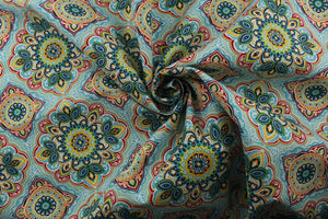 featuring a decorative medallion print in red, blue, green, yellow, orange, and opal with a touch of crisp white. With 15,000 double rubs, this durable and stylish fabric is perfect for adding a touch of elegance to any space. Plus, with 500 UV hours and water and stain resistant properties, it's great for lounge cushions, pool furniture, tablecloths, decorative pillows and upholstery projects. <span data-mce-fragment="1">Recommended to store away when not in use.</span>