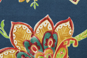 This durable fabric features a vibrant watercolor jacobean print with floral motifs in shades of red, green, gold and white against a striking navy blue background. It's also stain and water repellant and offers 500 UV hours for long-lasting use.&nbsp; Perfect for lounge cushions, pool furniture, tablecloths, decorative pillows and upholstery projects. <span data-mce-fragment="1">Recommended to store away when not in use.</span>