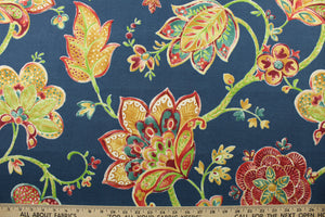 This durable fabric features a vibrant watercolor jacobean print with floral motifs in shades of red, green, gold and white against a striking navy blue background. It's also stain and water repellant and offers 500 UV hours for long-lasting use.&nbsp; Perfect for lounge cushions, pool furniture, tablecloths, decorative pillows and upholstery projects. <span data-mce-fragment="1">Recommended to store away when not in use.</span>