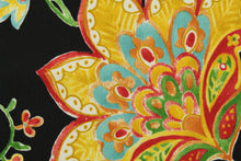 Load image into Gallery viewer, This durable fabric features a vibrant watercolor jacobean print with floral motifs in shades of red, orange, green, yellow, and white against a striking black background.&nbsp;It&#39;s also stain and water repellant and offers 500 UV hours for long-lasting use.&nbsp; Perfect for lounge cushions, pool furniture, tablecloths, decorative pillows and upholstery projects. &lt;span data-mce-fragment=&quot;1&quot;&gt;Recommended to store away when not in use.&lt;/span&gt;
