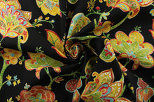 Load image into Gallery viewer, This durable fabric features a vibrant watercolor jacobean print with floral motifs in shades of red, orange, green, yellow, and white against a striking black background.&nbsp;It&#39;s also stain and water repellant and offers 500 UV hours for long-lasting use.&nbsp; Perfect for lounge cushions, pool furniture, tablecloths, decorative pillows and upholstery projects. &lt;span data-mce-fragment=&quot;1&quot;&gt;Recommended to store away when not in use.&lt;/span&gt;
