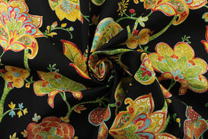 This durable fabric features a vibrant watercolor jacobean print with floral motifs in shades of red, orange, green, yellow, and white against a striking black background.&nbsp;It's also stain and water repellant and offers 500 UV hours for long-lasting use.&nbsp; Perfect for lounge cushions, pool furniture, tablecloths, decorative pillows and upholstery projects. <span data-mce-fragment="1">Recommended to store away when not in use.</span>