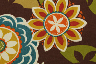  This Richloom© Solarium© Outdoor Annie fabric features a large floral print in vibrant colors including teal, dark red, lemon yellow, burnt orange, tan, olive green, and off-white on a chocolate brown background.&nbsp;It's also stain and water repellant and offers 500 UV hours for long-lasting use.&nbsp; Perfect for lounge cushions, pool furniture, tablecloths, decorative pillows and upholstery projects. <span data-mce-fragment="1">Recommended to store away when not in use.</span>