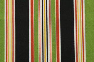  Introducing Richloom© Solarium© Outdoor Easybay in Noir. Perfect for porches and patios, this fabric features multi-width stripes in green, black, yellow, red, and white. It's also stain and water repellant and offers 500 UV hours for long-lasting use.&nbsp; Perfect for lounge cushions, pool furniture, tablecloths, decorative pillows and upholstery projects. <span data-mce-fragment="1">Recommended to store away when not in use.</span>