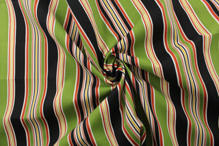  Introducing Richloom© Solarium© Outdoor Easybay in Noir. Perfect for porches and patios, this fabric features multi-width stripes in green, black, yellow, red, and white. It's also stain and water repellant and offers 500 UV hours for long-lasting use.&nbsp; Perfect for lounge cushions, pool furniture, tablecloths, decorative pillows and upholstery projects. <span data-mce-fragment="1">Recommended to store away when not in use.</span>