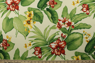 Its tropical foliage, small flowers, and vibrant shades of green, yellow, white, dark coral against a pale yellow background will transform any porch or patio. Plus, with 500 UV hours and water and stain resistant properties, it's perfect for all your outdoor activities. It is perfect for lounge cushions, pool furniture, tablecloths, decorative pillows and upholstery projects. <span data-mce-fragment="1">Recommended to store away when not in use.</span>
