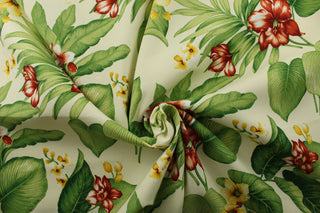 Its tropical foliage, small flowers, and vibrant shades of green, yellow, white, dark coral against a pale yellow background will transform any porch or patio. Plus, with 500 UV hours and water and stain resistant properties, it's perfect for all your outdoor activities. It is perfect for lounge cushions, pool furniture, tablecloths, decorative pillows and upholstery projects. <span data-mce-fragment="1">Recommended to store away when not in use.</span>