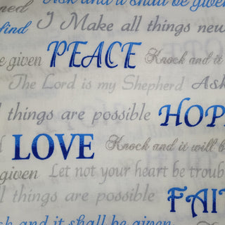 Baum Textile / Whistler Studio Faith, Hope, and Love Scripture Words Quilting Fabric in White/Blue