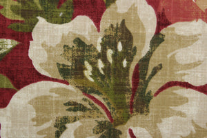 Magnolia is a large floral print featuring a vibrant mix of scarlet red, green, beige, and cream. The versatile fabric is perfect for window accents (draperies, valances, curtains and swags) cornice boards, accent pillows, bedding, headboards, cushions, ottomans, slipcovers and light duty upholstery.  