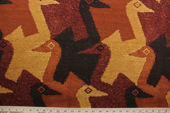 Volador fabric features a classic pattern of ducks in brown, orange and gold.  This soil and stain repellant fabric is perfect for upholstery that needs to hold up in busy environments. The versatile fabric is perfect for window accents (draperies, valances, curtains and swags) cornice boards, accent pillows, bedding, headboards, cushions, ottomans, slipcovers and upholstery.  