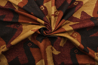 Volador fabric features a classic pattern of ducks in brown, orange and gold.  This soil and stain repellant fabric is perfect for upholstery that needs to hold up in busy environments. The versatile fabric is perfect for window accents (draperies, valances, curtains and swags) cornice boards, accent pillows, bedding, headboards, cushions, ottomans, slipcovers and upholstery.  