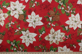 Poinsettias & Pines Christmas Fabric in Red