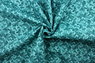 Mixes is a stylish, outdoor fabric with a modern basket weave pattern.  This durable fabric is constructed in shades of teal, creating an elegant look that's perfect for your outdoor furniture.  It is UV fade, water and stain resistant, with a durability rating of 15,000 double rubs.  Perfect for porches, patios and pool side.  Uses include toss pillows, cushions, upholstery, tote bags and more.  