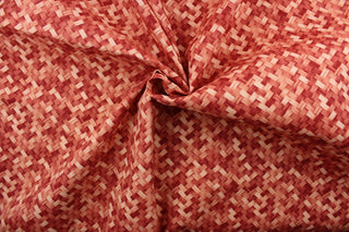 Mixes is a stylish, outdoor fabric with a modern basket weave pattern.  This durable fabric is constructed in shades of coral, creating an elegant look that's perfect for your outdoor furniture.  It is UV fade, water and stain resistant, with a durability rating of 15,000 double rubs.  Perfect for porches, patios and pool side.  Uses include toss pillows, cushions, upholstery, tote bags and more.  