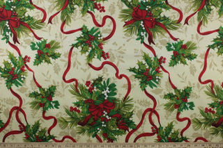 Traditional Holly and Red Ribbon Christmas Fabric in Cream